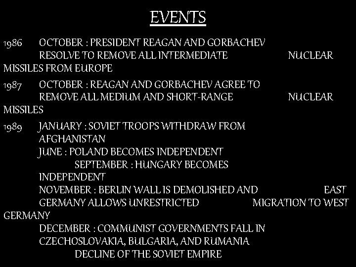 EVENTS 1986 OCTOBER : PRESIDENT REAGAN AND GORBACHEV RESOLVE TO REMOVE ALL INTERMEDIATE NUCLEAR