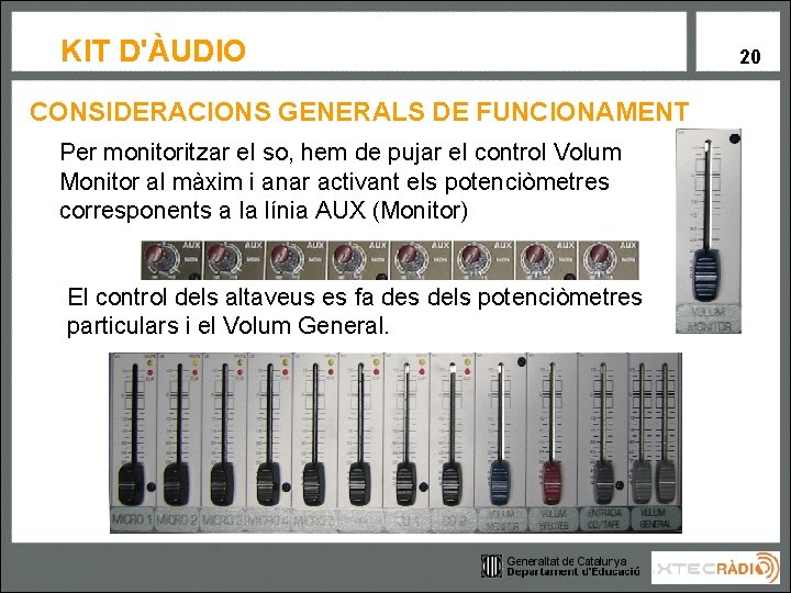 KIT D'ÀUDIO CONSIDERACIONS GENERALS DE FUNCIONAMENT Per monitoritzar el so, hem de pujar el