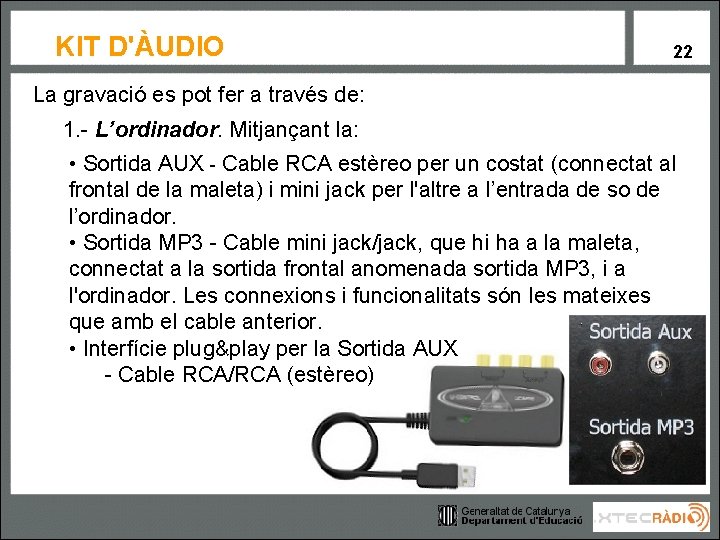 KIT D'ÀUDIO 22 La gravació es pot fer a través de: 1. - L’ordinador.