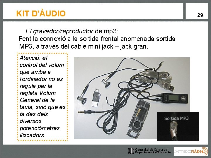 KIT D'ÀUDIO El gravador/reproductor de mp 3: Fent la connexió a la sortida frontal