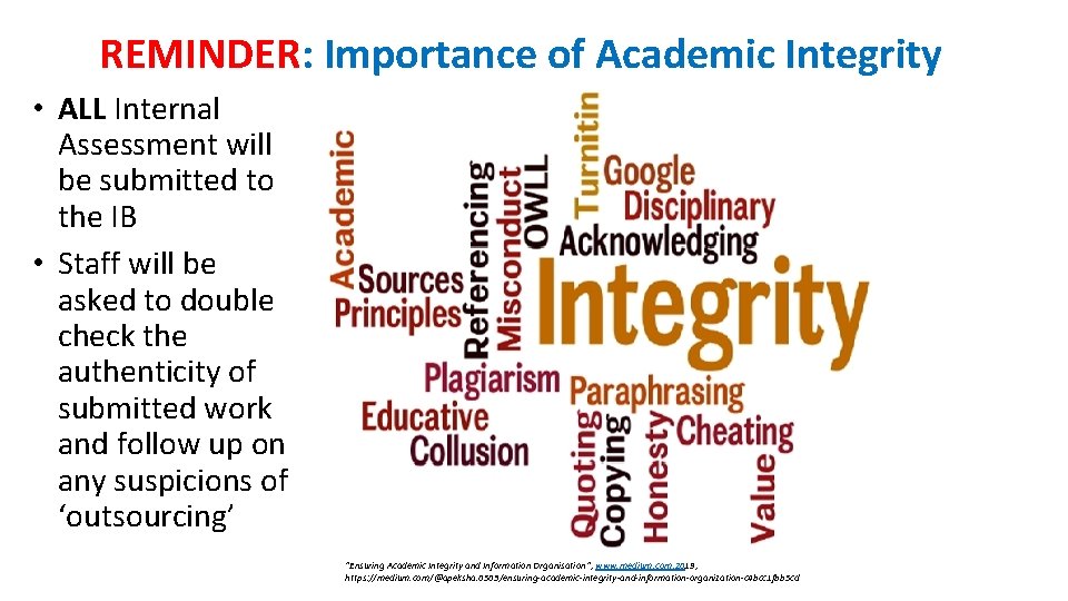 REMINDER: Importance of Academic Integrity • ALL Internal Assessment will be submitted to the