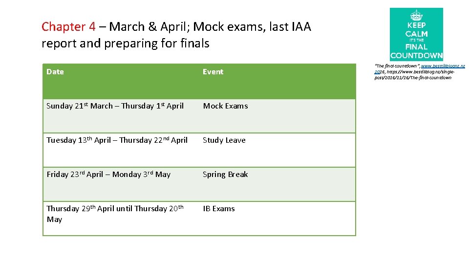 Chapter 4 – March & April; Mock exams, last IAA report and preparing for