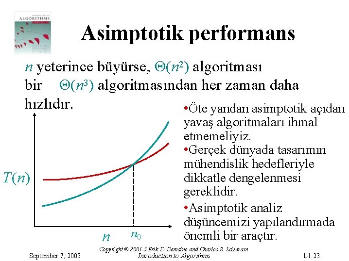 Asimptotik performans n yeterince büyürse, Θ(n 2) algoritması bir Θ(n 3) algoritmasından her zaman