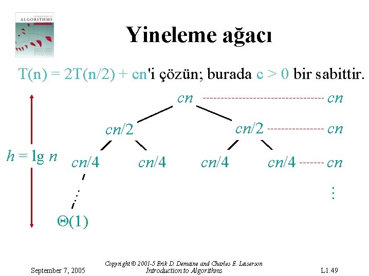 Yineleme ağacı T(n) = 2 T(n/2) + cn'i çözün; burada c > 0 bir