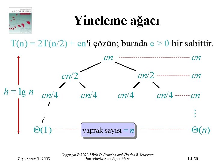 Yineleme ağacı T(n) = 2 T(n/2) + cn'i çözün; burada c > 0 bir