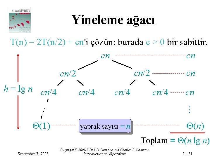 Yineleme ağacı T(n) = 2 T(n/2) + cn'i çözün; burada c > 0 bir