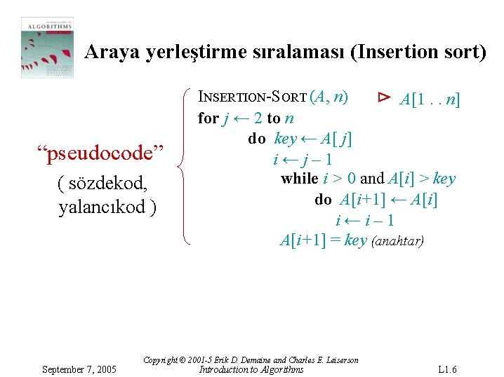 Araya yerleştirme sıralaması (Insertion sort) “pseudocode” ( sözdekod, yalancıkod ) September 7, 2005 INSERTION-SORT