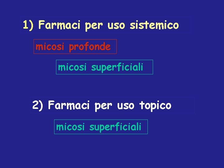 1) Farmaci per uso sistemicosi profonde micosi superficiali 2) Farmaci per uso topico micosi 1) Farmaci per uso sistemicosi profonde micosi superficiali 2) Farmaci per uso topico micosi