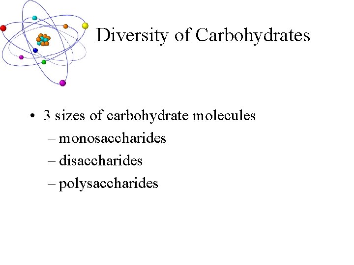 Diversity of Carbohydrates • 3 sizes of carbohydrate molecules – monosaccharides – disaccharides –