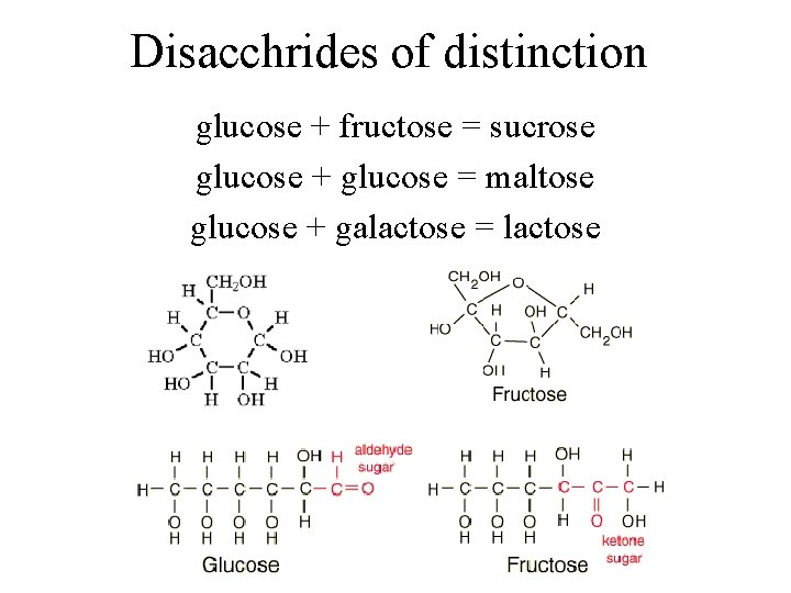 Disacchrides of distinction glucose + fructose = sucrose glucose + glucose = maltose glucose