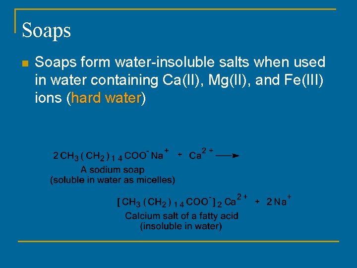 Soaps n Soaps form water-insoluble salts when used in water containing Ca(II), Mg(II), and Soaps n Soaps form water-insoluble salts when used in water containing Ca(II), Mg(II), and