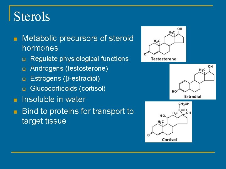 Sterols n Metabolic precursors of steroid hormones q q n n Regulate physiological functions Sterols n Metabolic precursors of steroid hormones q q n n Regulate physiological functions