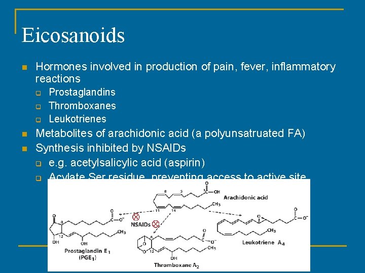 Eicosanoids n Hormones involved in production of pain, fever, inflammatory reactions q q q Eicosanoids n Hormones involved in production of pain, fever, inflammatory reactions q q q