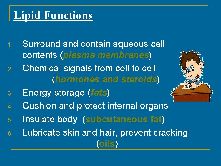 Lipid Functions 1. 2. 3. 4. 5. 6. Surround and contain aqueous cell contents Lipid Functions 1. 2. 3. 4. 5. 6. Surround and contain aqueous cell contents