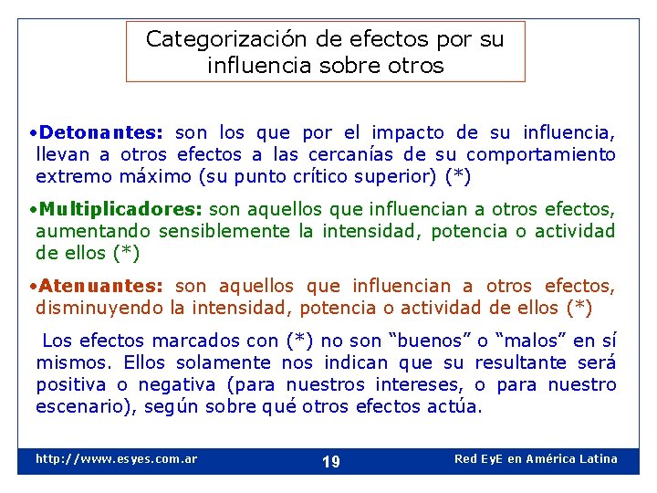 Categorización de efectos por su influencia sobre otros • Detonantes: son los que por