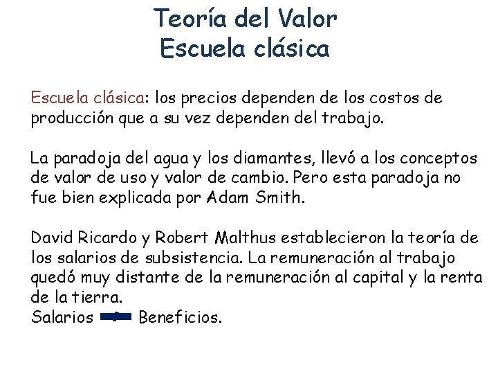 Teoría del Valor Escuela clásica: los precios dependen de los costos de producción que