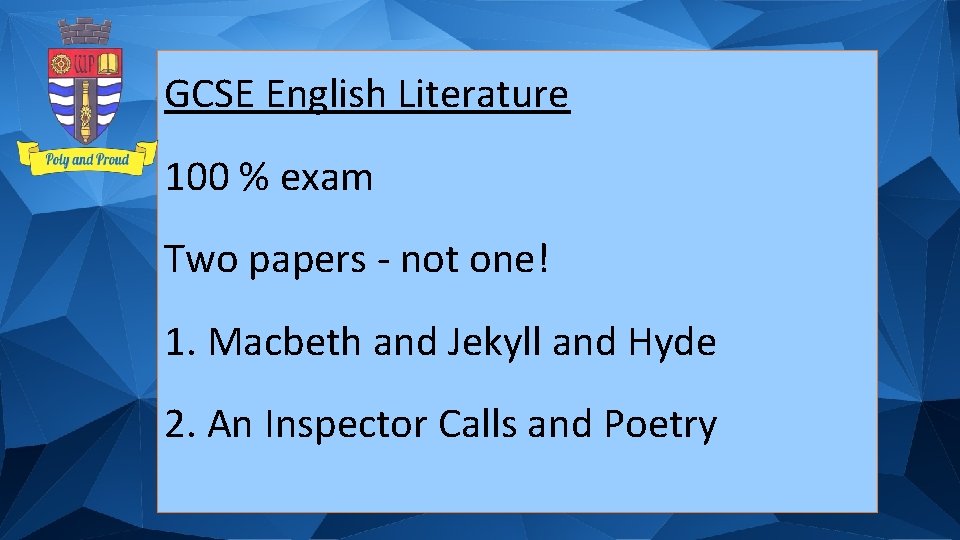 GCSE English Literature 100 % exam Two papers - not one! 1. Macbeth and