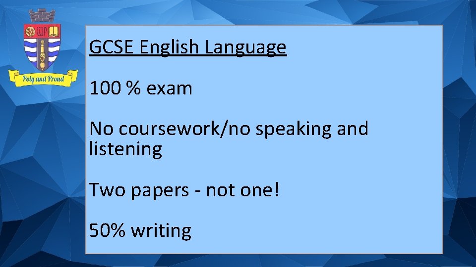 GCSE English Language 100 % exam No coursework/no speaking and listening Two papers -