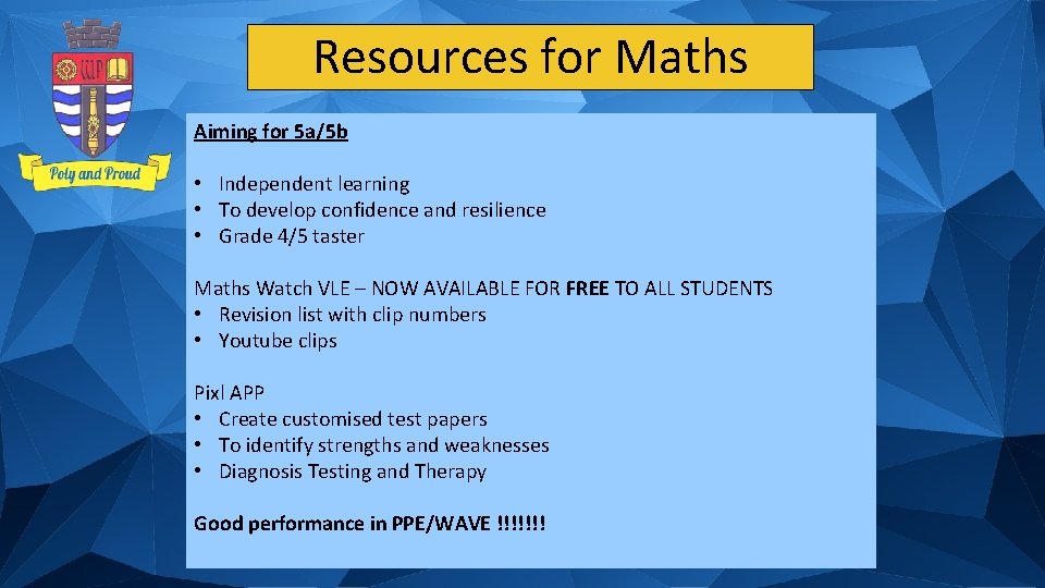 Resources for Maths Aiming for 5 a/5 b • Independent learning • To develop