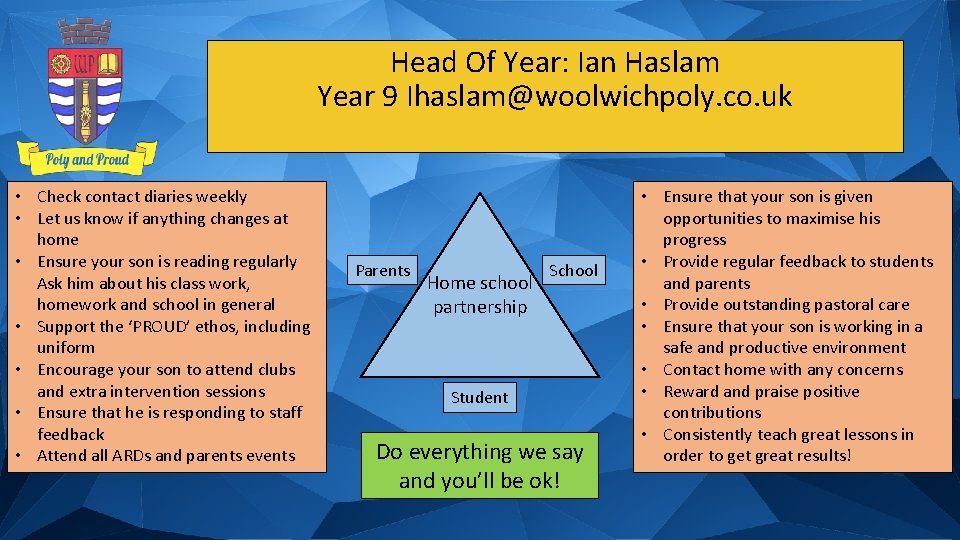 Head Of Year: Ian Haslam Year 9 Ihaslam@woolwichpoly. co. uk • Check contact diaries