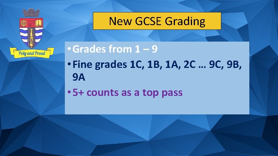 New GCSE Grading • Grades from 1 – 9 • Fine grades 1 C,