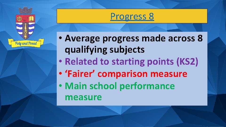 Progress 8 • Average progress made across 8 qualifying subjects • Related to starting
