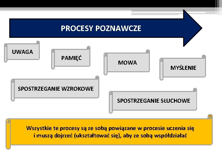 PROCESY POZNAWCZE UWAGA PAMIĘĆ MOWA MYŚLENIE SPOSTRZEGANIE WZROKOWE SPOSTRZEGANIE SŁUCHOWE Wszystkie te procesy są