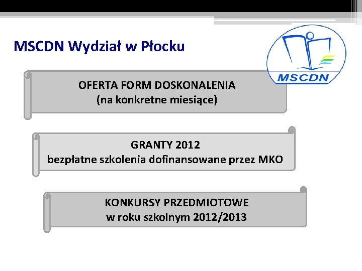 MSCDN Wydział w Płocku OFERTA FORM DOSKONALENIA (na konkretne miesiące) GRANTY 2012 bezpłatne szkolenia