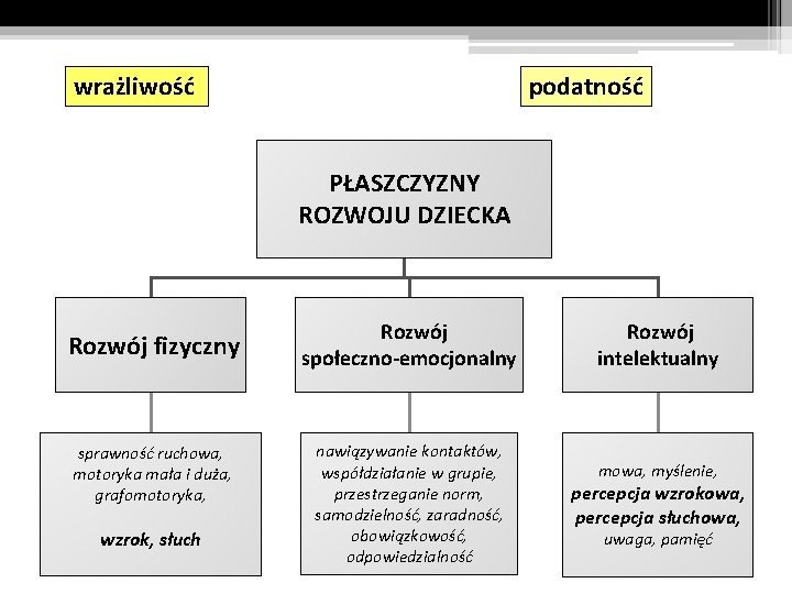 wrażliwość podatność PŁASZCZYZNY ROZWOJU DZIECKA Rozwój fizyczny sprawność ruchowa, motoryka mała i duża, grafomotoryka,