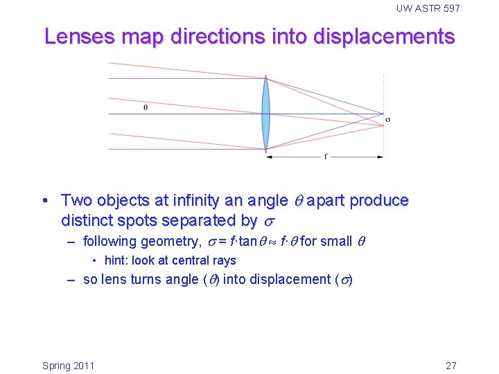 UW ASTR 597 Lenses map directions into displacements • Two objects at infinity an