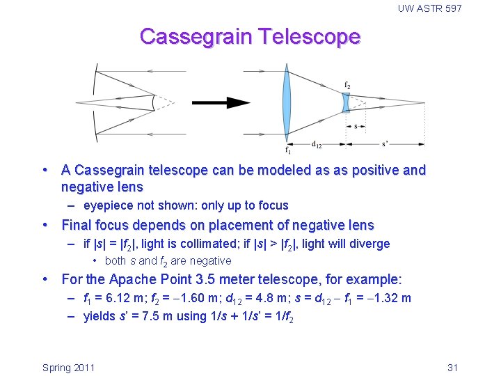 UW ASTR 597 Cassegrain Telescope • A Cassegrain telescope can be modeled as as