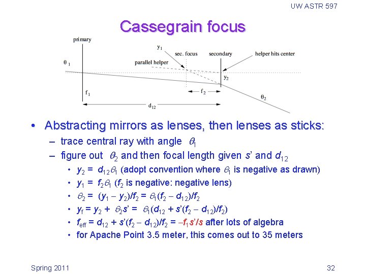 UW ASTR 597 Cassegrain focus • Abstracting mirrors as lenses, then lenses as sticks: