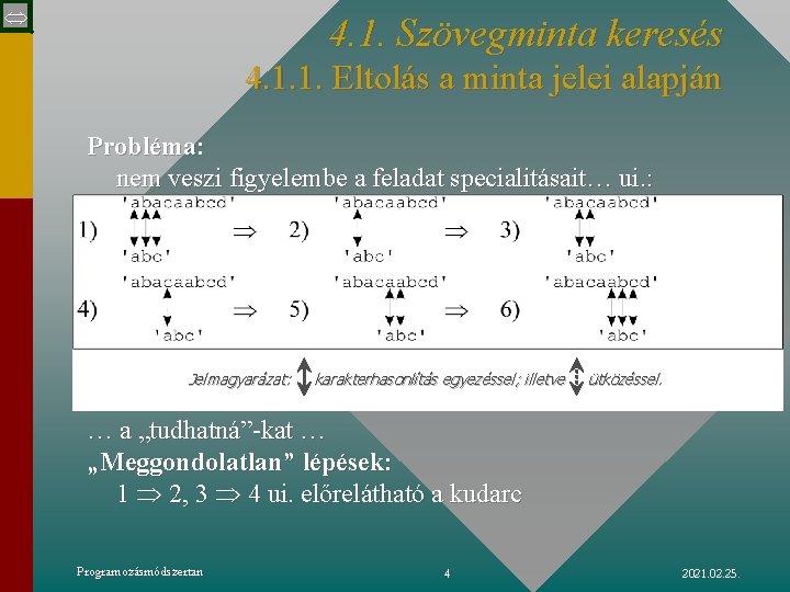  4. 1. Szövegminta keresés 4. 1. 1. Eltolás a minta jelei alapján Probléma: