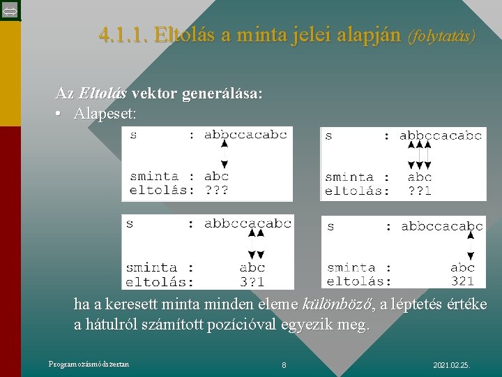  4. 1. 1. Eltolás a minta jelei alapján (folytatás) Az Eltolás vektor generálása: