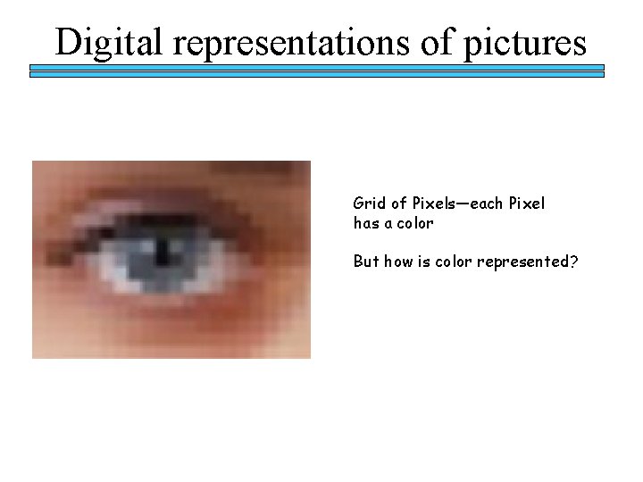 Digital representations of pictures Grid of Pixels—each Pixel has a color But how is