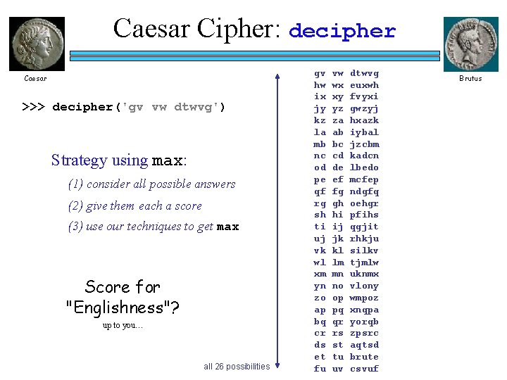 Caesar Cipher: decipher Caesar >>> decipher('gv vw dtwvg') Strategy using max: (1) consider all