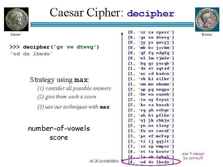 Caesar Cipher: decipher Caesar >>> decipher('gv vw dtwvg') 'od de lbedo' Strategy using max: