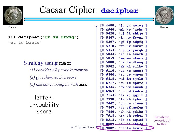 Caesar Cipher: decipher Caesar >>> decipher('gv vw dtwvg') 'et tu brute' Strategy using max: