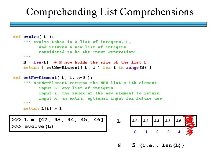 Comprehending List Comprehensions def evolve( L ): """ evolve takes in a list of