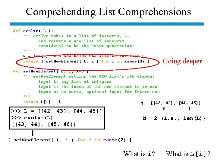 Comprehending List Comprehensions def evolve( L ): """ evolve takes in a list of