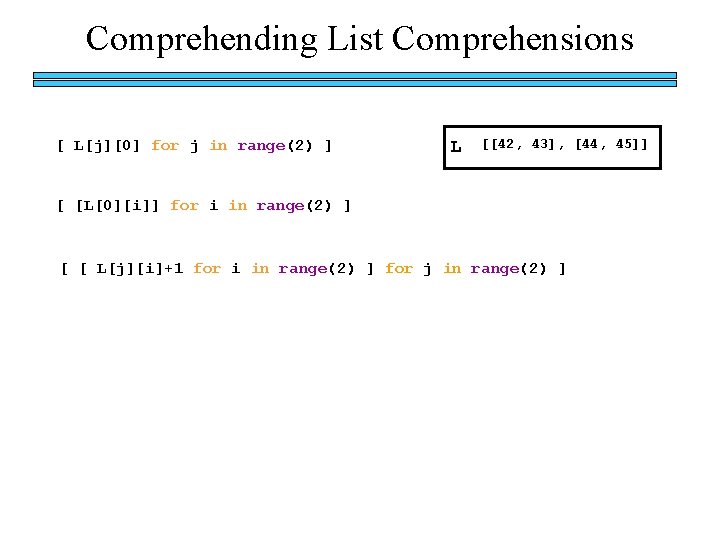 Comprehending List Comprehensions [ L[j][0] for j in range(2) ] L [[42, 43], [44,