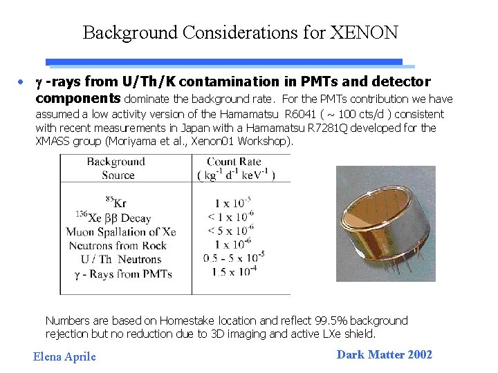 Background Considerations for XENON • -rays from U/Th/K contamination in PMTs and detector components