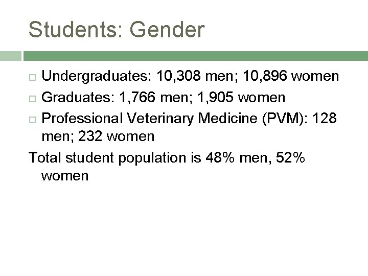 Students: Gender Undergraduates: 10, 308 men; 10, 896 women Graduates: 1, 766 men; 1,