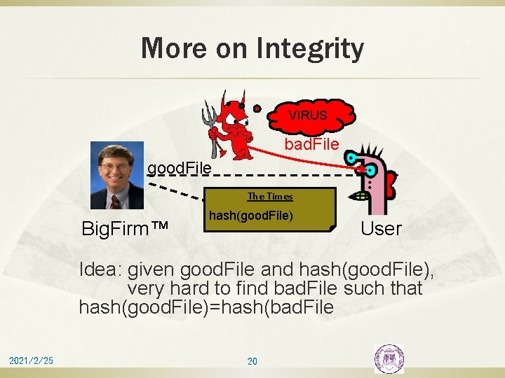 More on Integrity VIRUS bad. File good. File The Times Big. Firm™ hash(good. File)