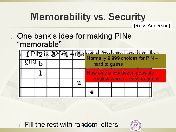 Memorability vs. Security [Ross Anderson] ß One bank’s idea for making PINs “memorable” Þ
