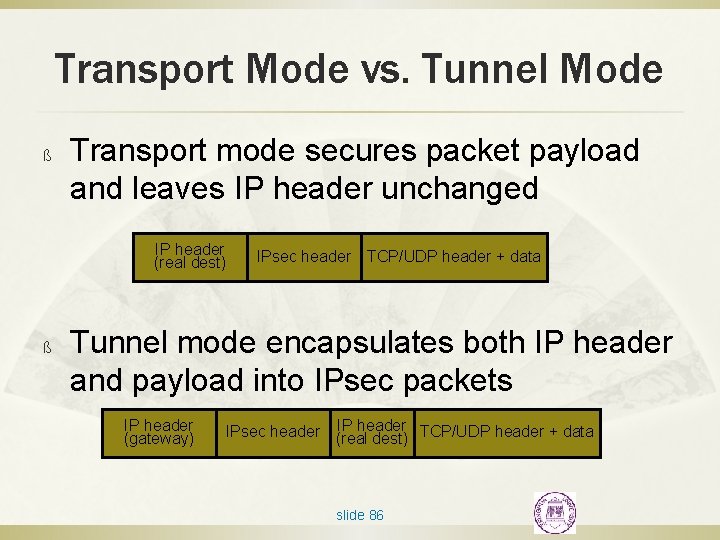 Transport Mode vs. Tunnel Mode ß Transport mode secures packet payload and leaves IP