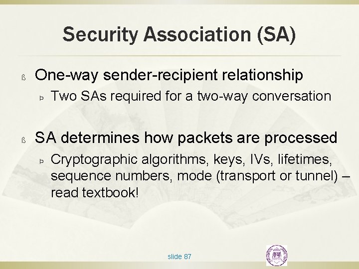 Security Association (SA) ß One-way sender-recipient relationship Þ ß Two SAs required for a