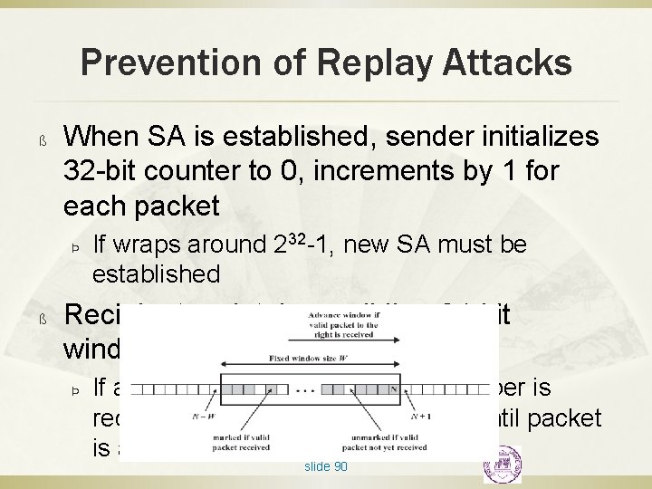 Prevention of Replay Attacks ß When SA is established, sender initializes 32 -bit counter