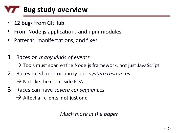 Bug study overview • 12 bugs from Git. Hub • From Node. js applications