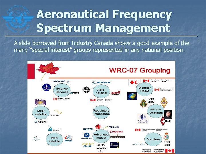 Aeronautical Frequency Spectrum Management A slide borrowed from Industry Canada shows a good example Aeronautical Frequency Spectrum Management A slide borrowed from Industry Canada shows a good example